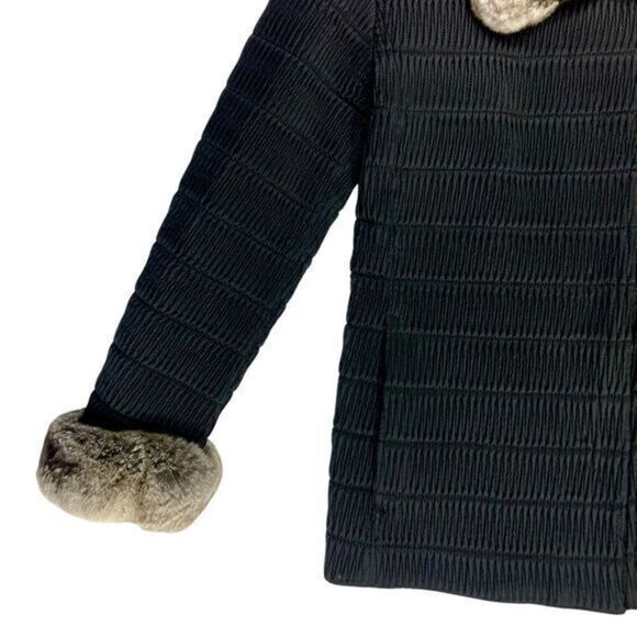 Grandi Faux Fur Trim Coat Women M Black Ribbed Classic Vintage 60s Luxury Jacket - Picture 3 of 16